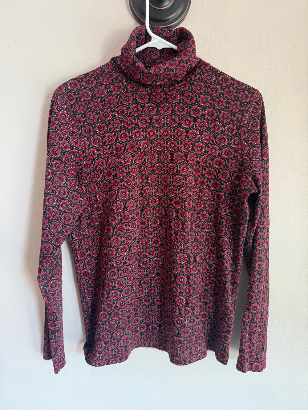 Charter Club Womens Red Black Floral Medallion Pima Cotton Turtleneck Top Size M